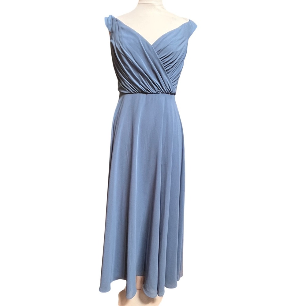 DB Studio Celebrate Formal Dress Sz 12 F20227 Grecian Steel Blue Maxi Shirred